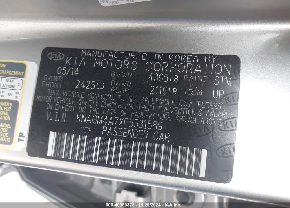 2015 KIA OPTIMA VIN: KNAGM4A7XF5531589