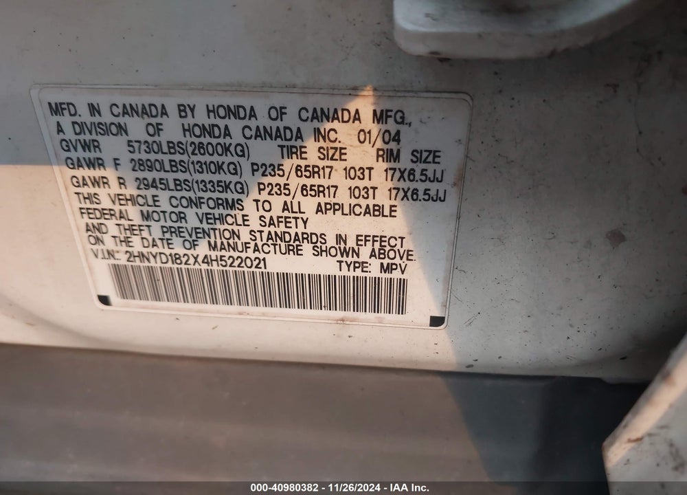 2004 ACURA MDX VIN: 2HNYD182X4H522021