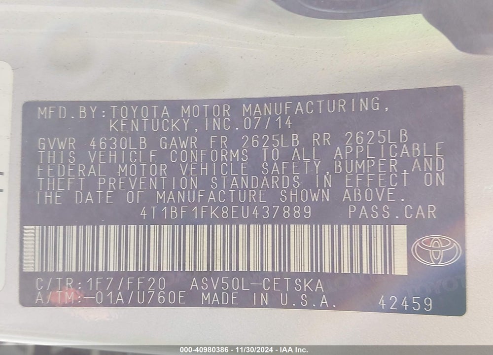 2014 TOYOTA CAMRY SE VIN: 4T1BF1FK8EU437889