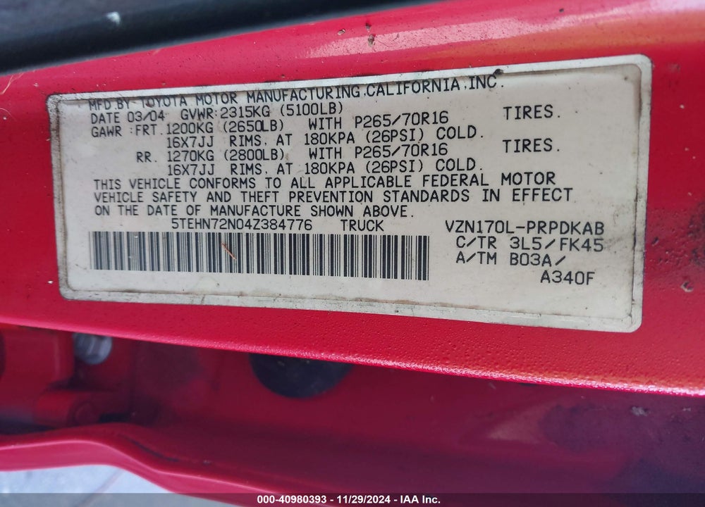 2004 TOYOTA TACOMA BASE V6 VIN: 5TEHN72N04Z384776