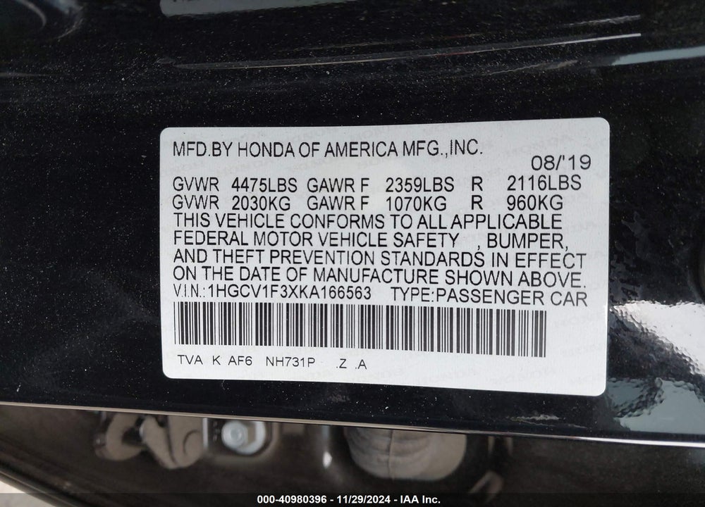 2019 HONDA ACCORD SPORT VIN: 1HGCV1F3XKA166563