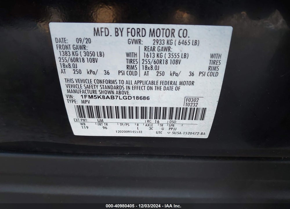 2020 UTILITY FORD POLICE INTERCEPTOR VIN: 1FM5K8AB7LGD18686