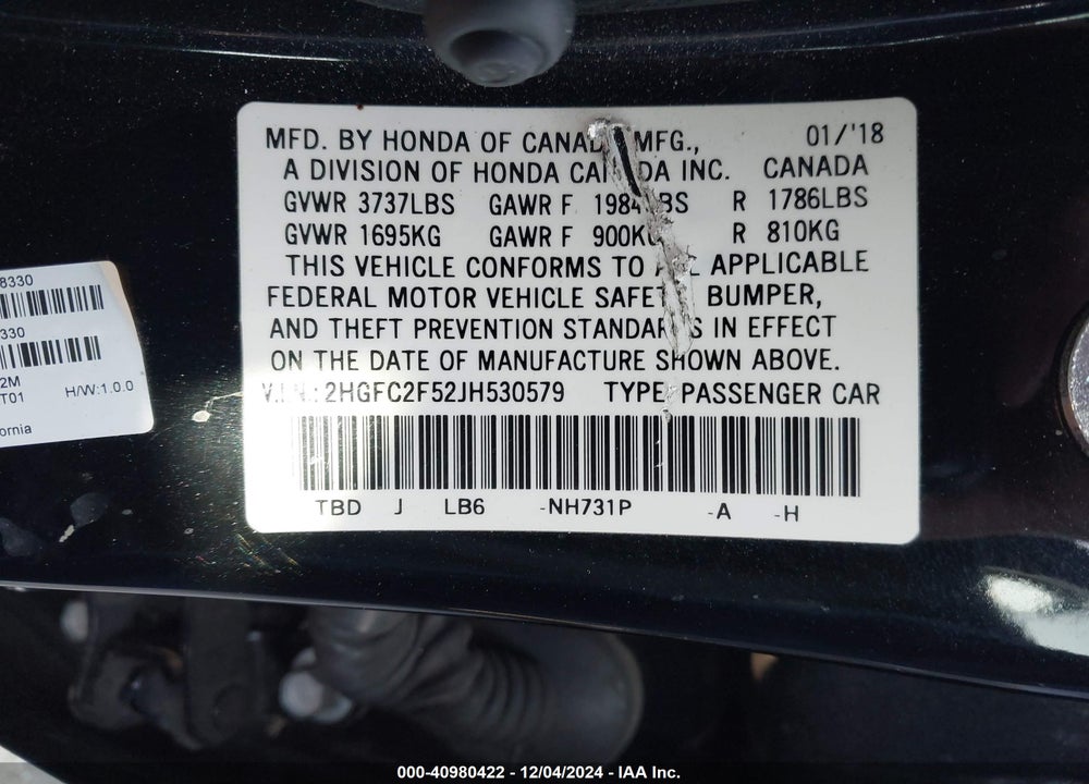 2018 HONDA CIVIC LX VIN: 2HGFC2F52JH530579