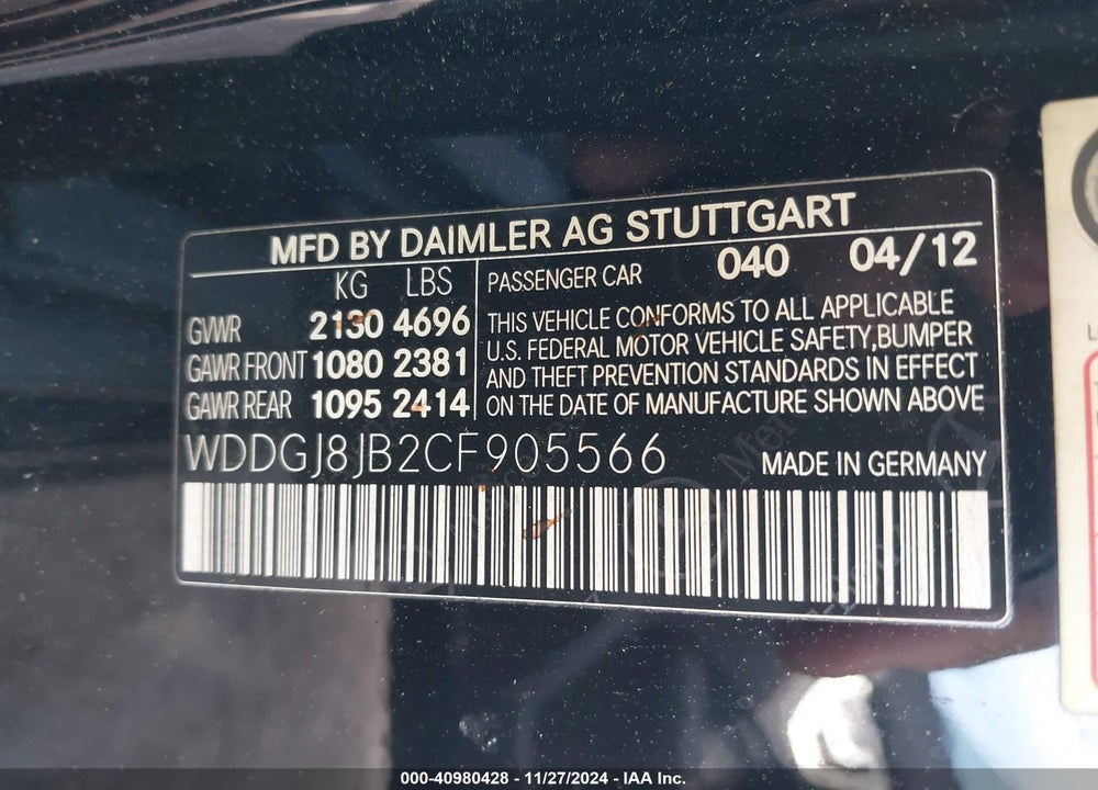 2012 MERCEDES-BENZ C 350 SPORT 4MATIC VIN: WDDGJ8JB2CF905566