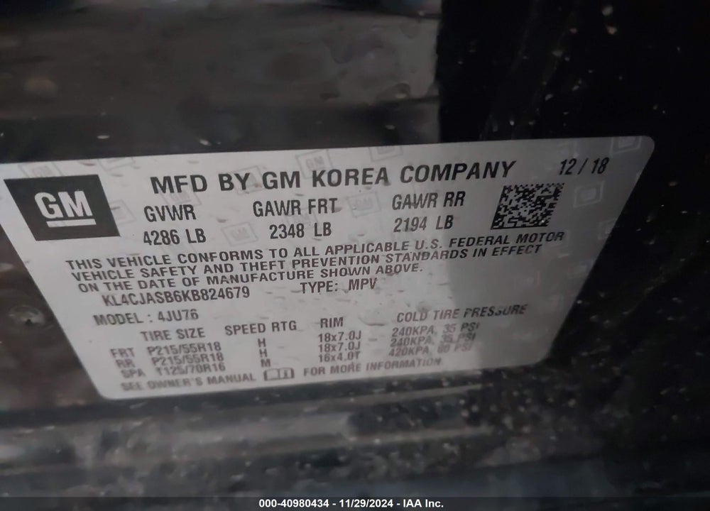 2019 BUICK ENCORE FWD PREFERRED VIN: KL4CJASB6KB824679