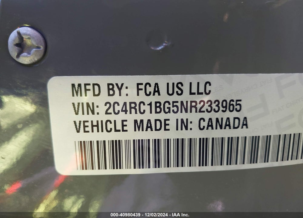 2022 CHRYSLER PACIFICA TOURING L VIN: 2C4RC1BG5NR233965