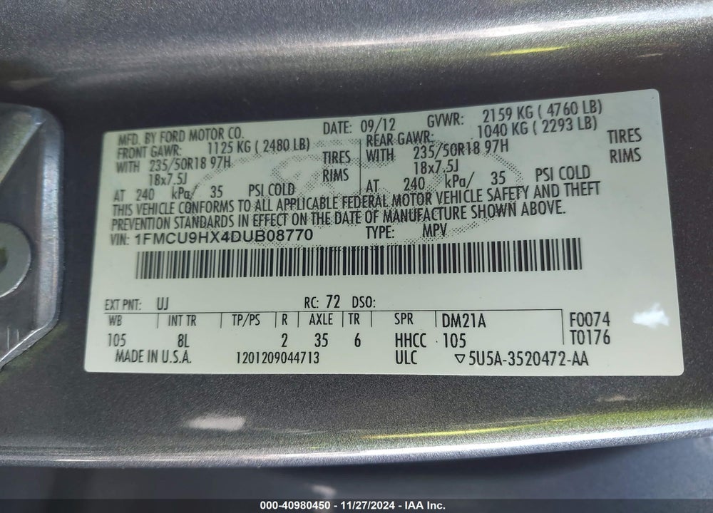 2013 FORD ESCAPE SEL VIN: 1FMCU9HX4DUB08770