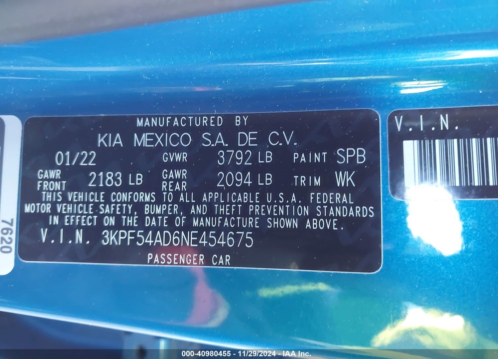 2022 KIA FORTE VIN: 3KPF54AD6NE454675