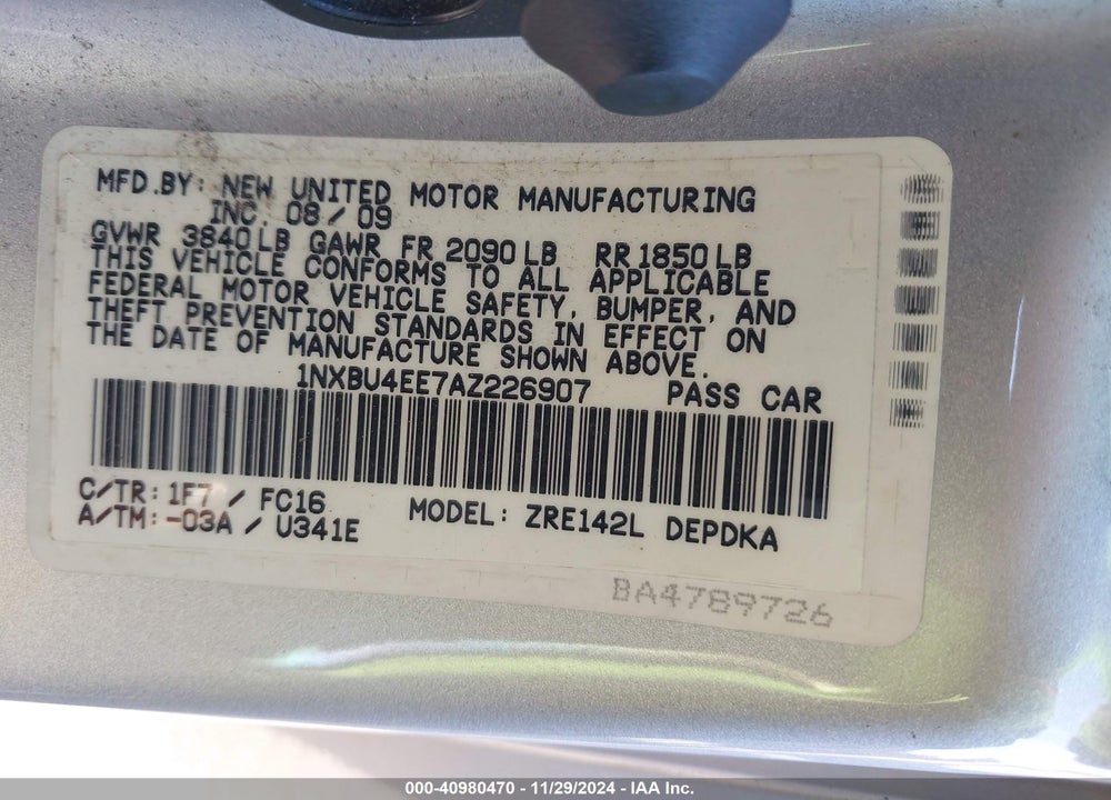 2010 TOYOTA COROLLA LE VIN: 1NXBU4EE7AZ226907