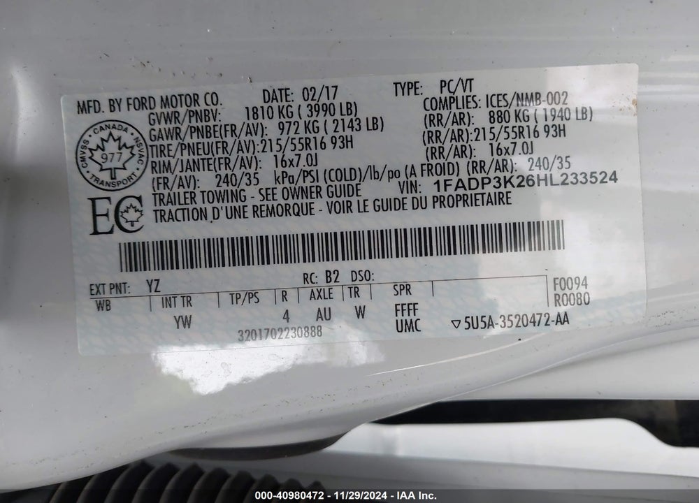 2017 FORD FOCUS VIN: 1FADP3K26HL233524