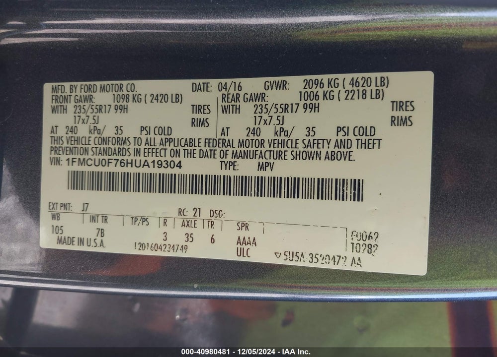 2017 FORD ESCAPE S VIN: 1FMCU0F76HUA19304