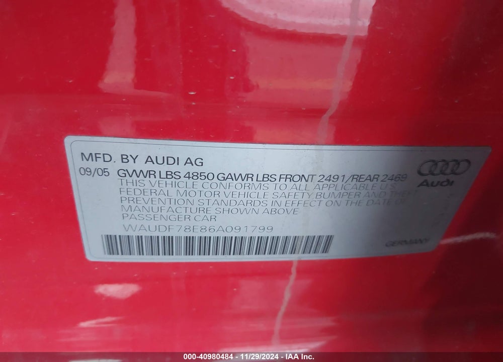 2006 AUDI A4 2.0T VIN: WAUDF78E86A091799