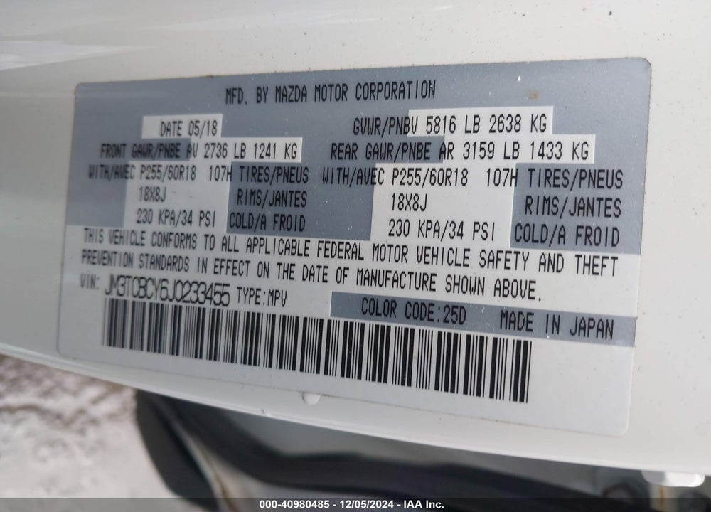 2018 MAZDA CX-9 TOURING VIN: JM3TCBCY6J0233455