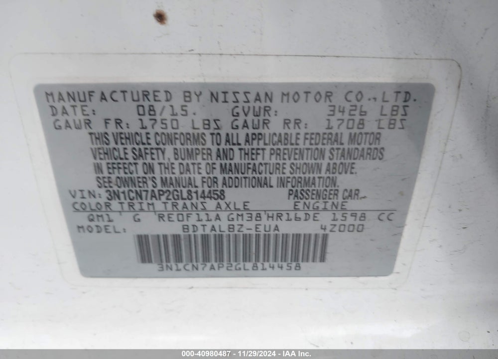 2016 NISSAN VERSA 1.6 S/1.6 S+/1.6 SL/1.6 SV VIN: 3N1CN7AP2GL814458