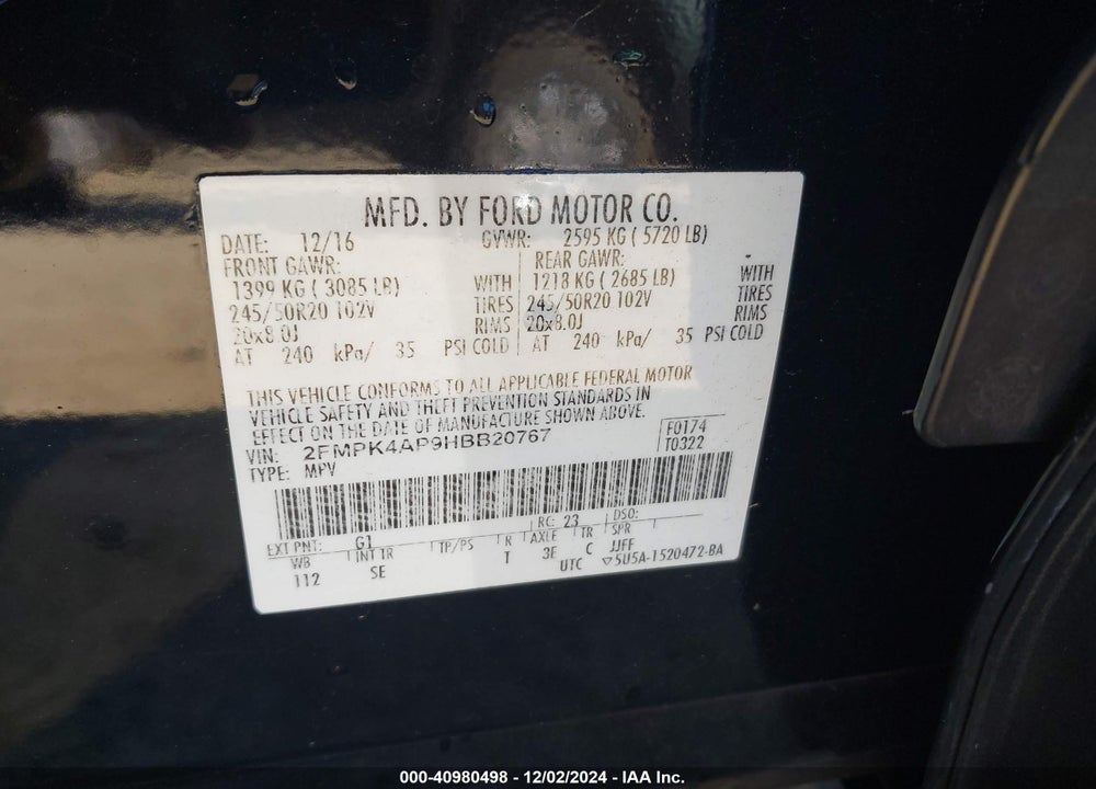 2017 FORD EDGE SPORT VIN: 2FMPK4AP9HBB20767