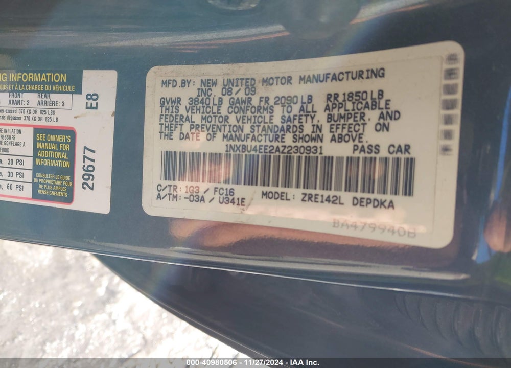 2010 TOYOTA COROLLA LE VIN: 1NXBU4EE2AZ230931