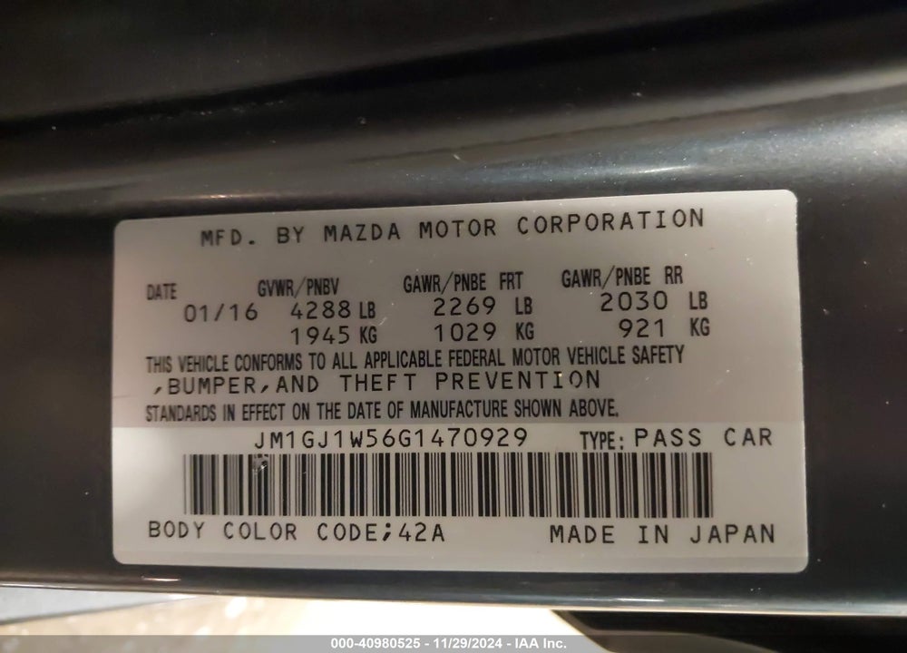 2016 MAZDA 6 I GRAND TOURING VIN: JM1GJ1W56G1470929