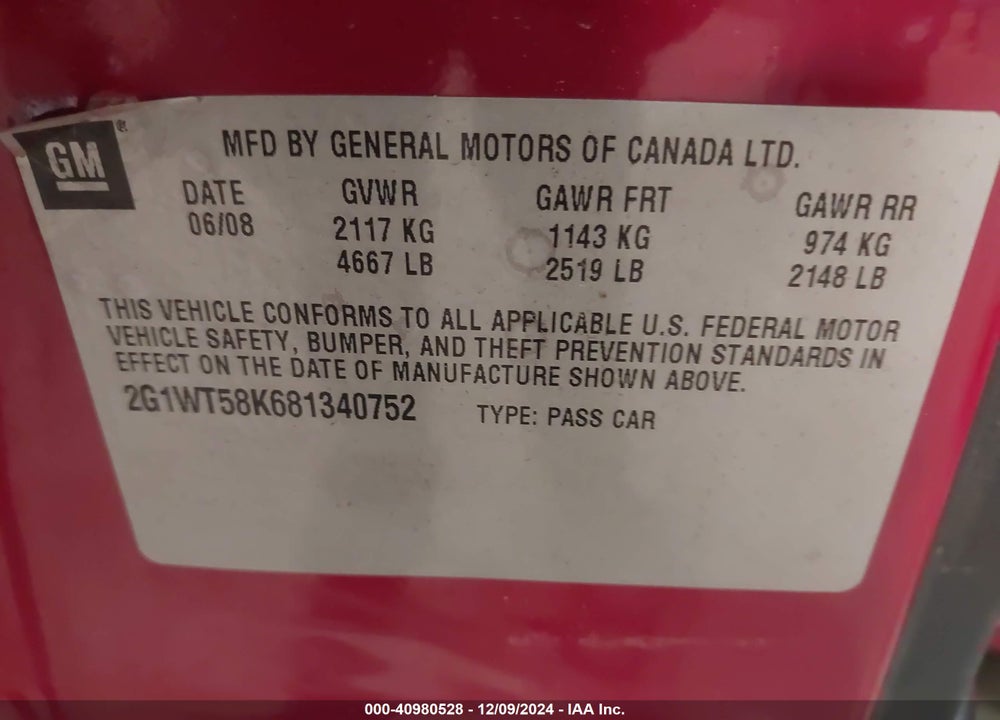 2008 CHEVROLET IMPALA LT VIN: 2G1WT58K681340752