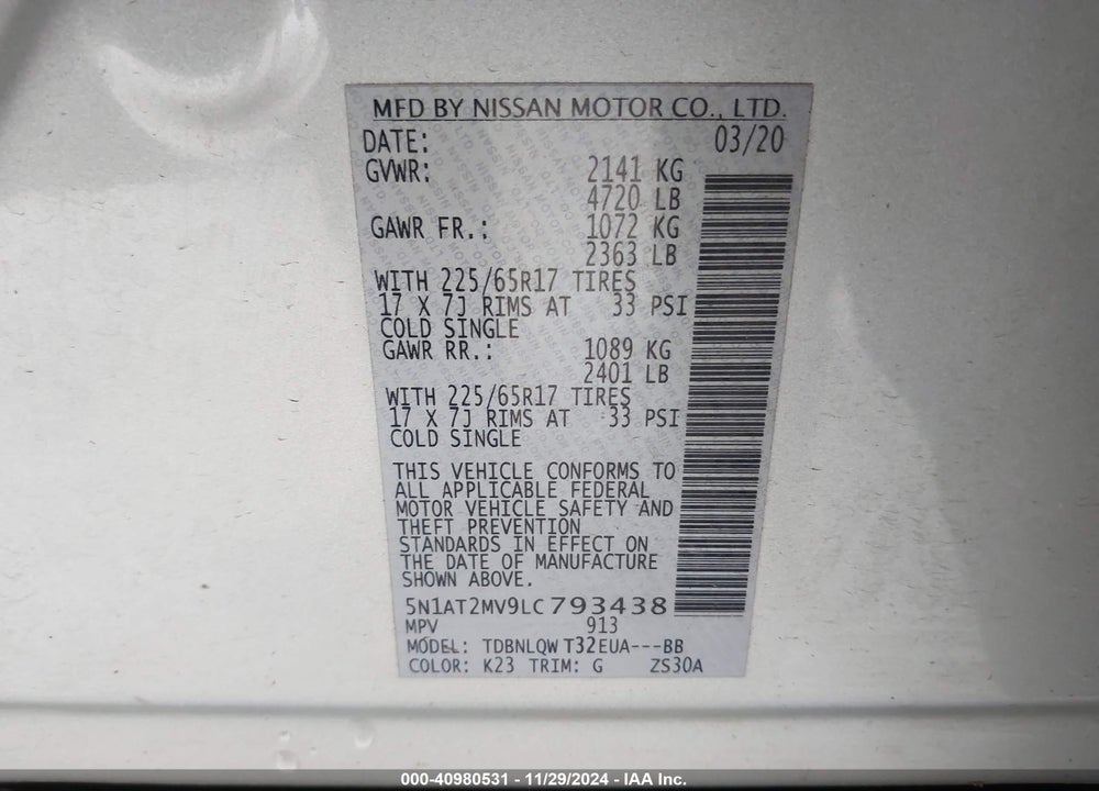 2020 NISSAN ROGUE SV INTELLIGENT AWD VIN: 5N1AT2MV9LC793438