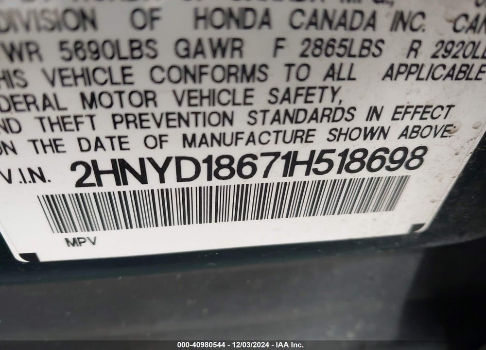 2001 ACURA MDX VIN: 2HNYD18671H518698