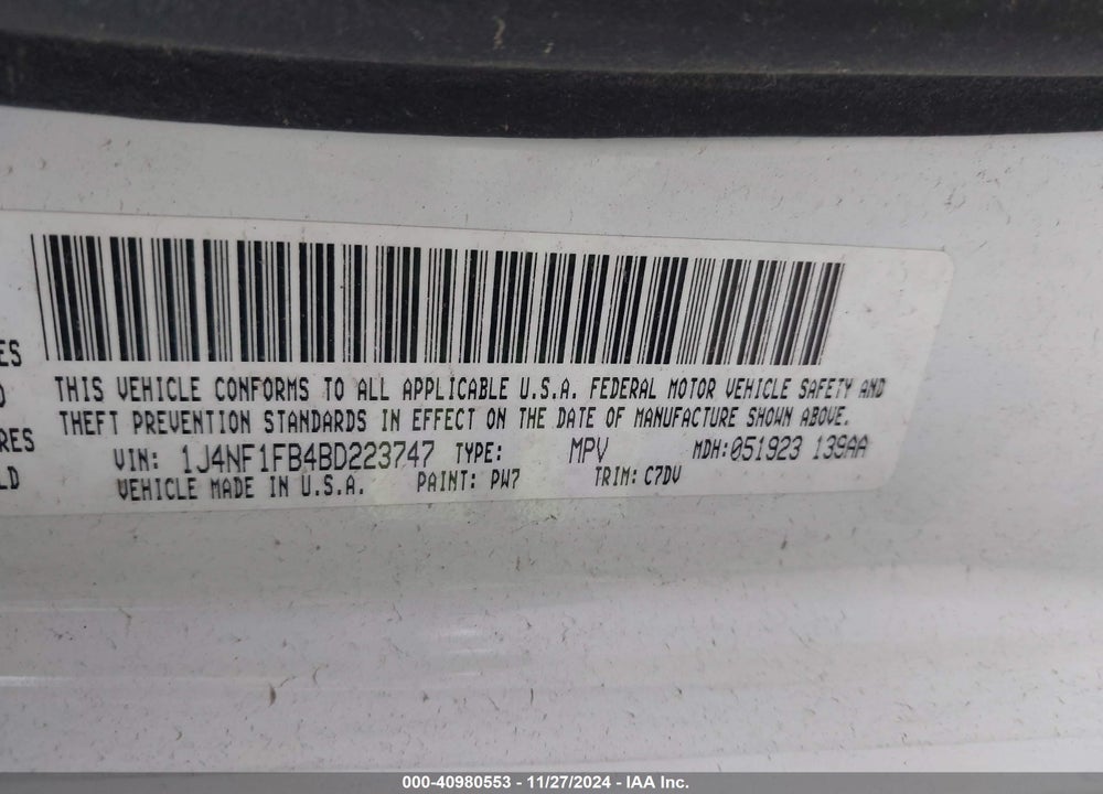2011 JEEP COMPASS VIN: 1J4NF1FB4BD223747