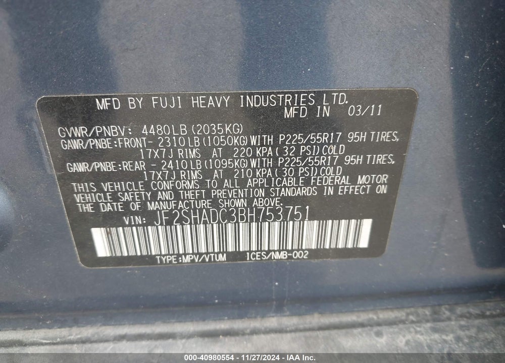 2011 SUBARU FORESTER 2.5X PREMIUM VIN: JF2SHADC3BH753751