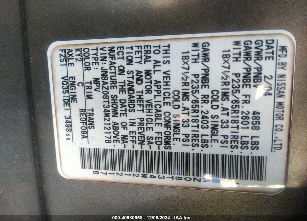 2004 NISSAN MURANO SE VIN: JN8AZ08T34W212178