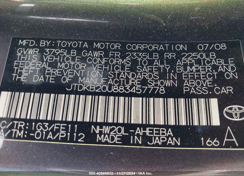 2008 TOYOTA PRIUS VIN: JTDKB20U883457778