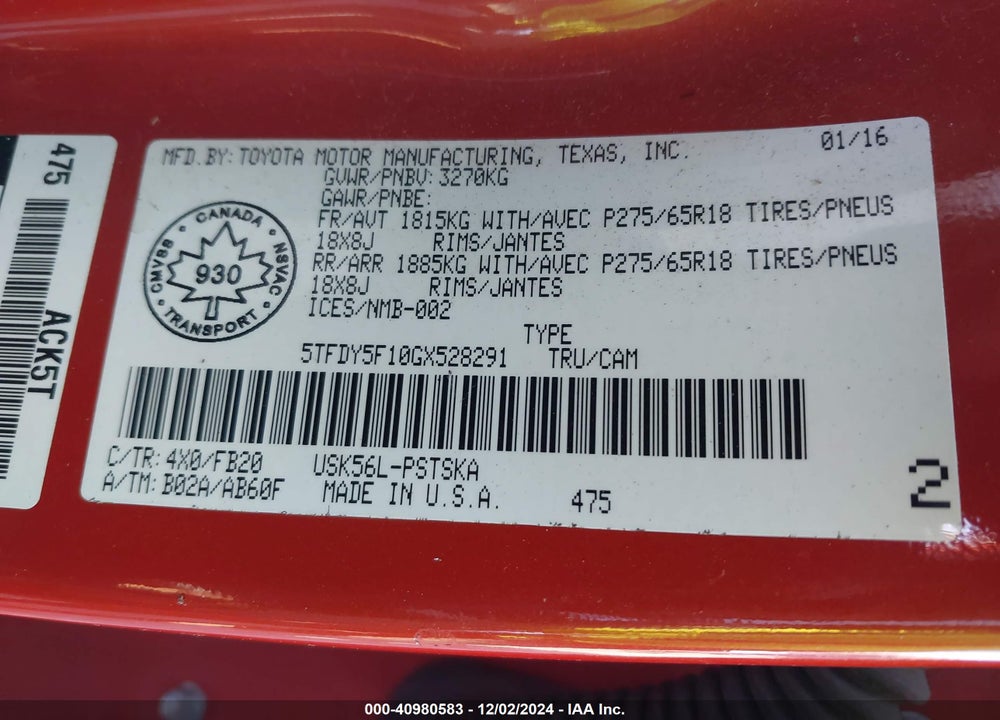 2016 TOYOTA TUNDRA VIN: 5TFDY5F10GX528291