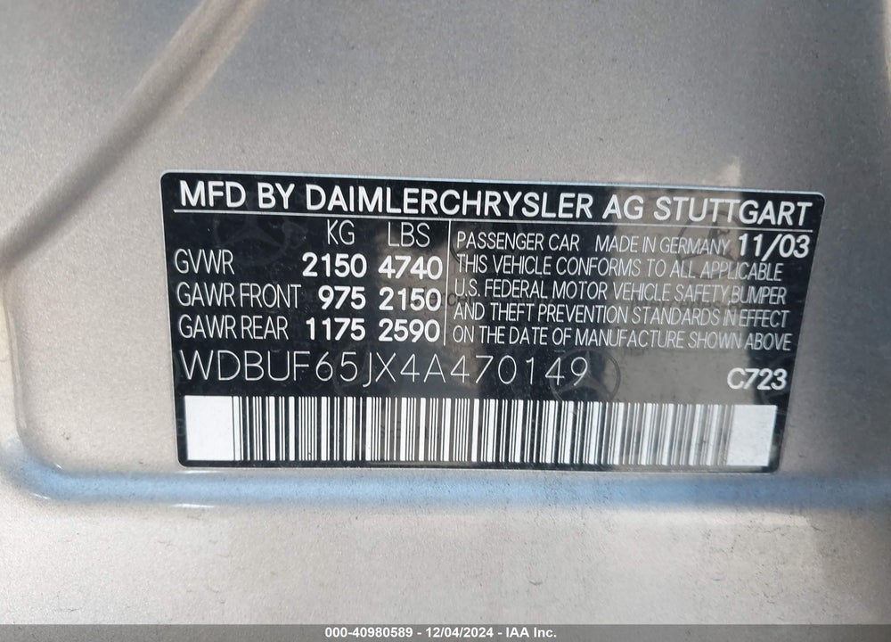 2004 MERCEDES-BENZ E 320 VIN: WDBUF65JX4A470149