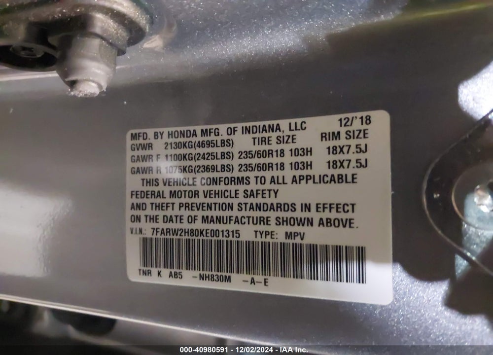 2019 HONDA CR-V EX-L VIN: 7FARW2H80KE001315