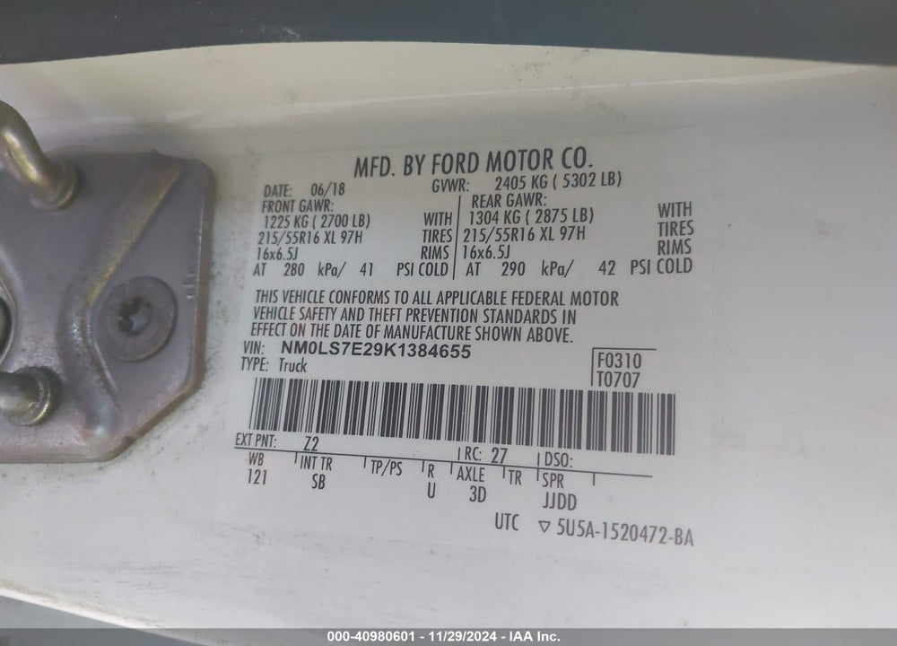 2019 FORD TRANSIT CONNECT XL VIN: NM0LS7E29K1384655