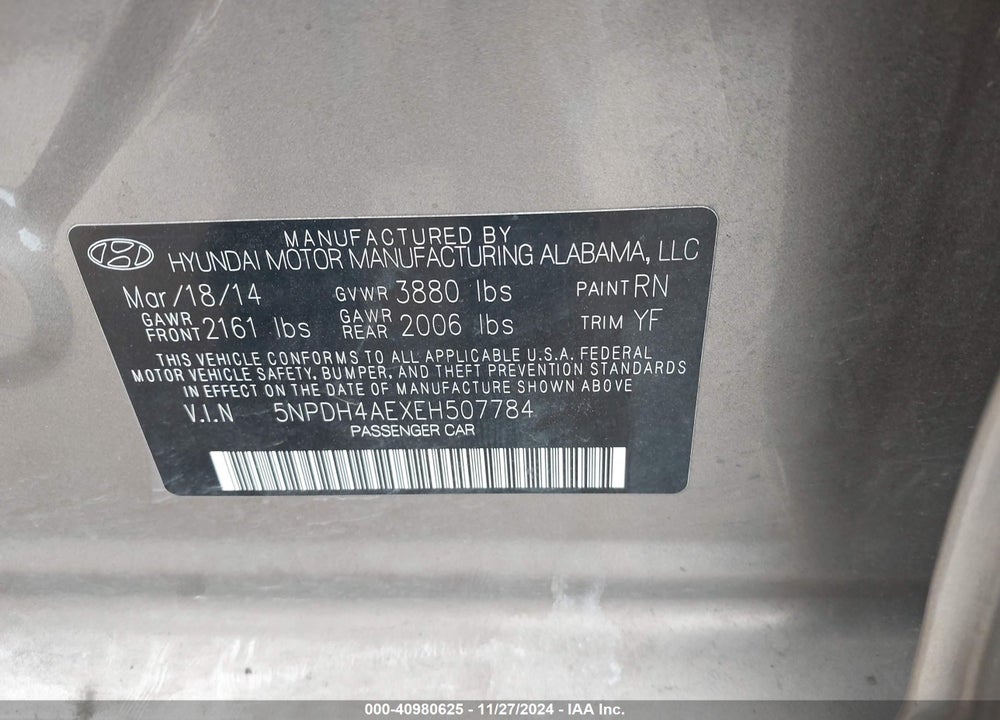 2014 HYUNDAI ELANTRA VIN: 5NPDH4AEXEH507784
