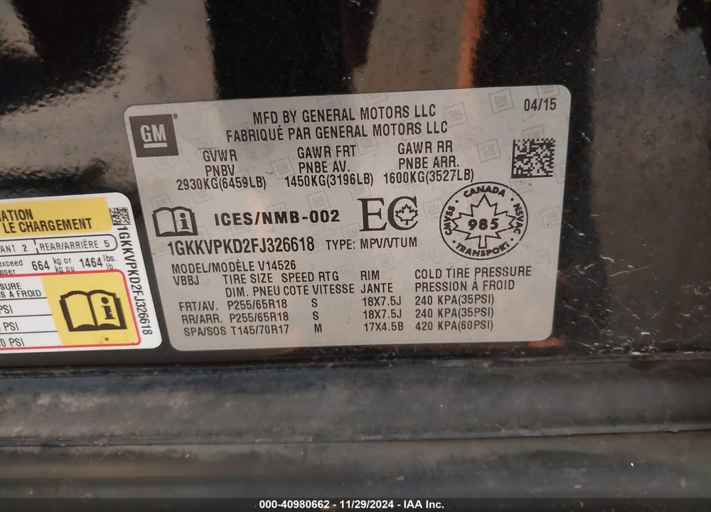 2015 GMC ACADIA SLE-2 VIN: 1GKKVPKD2FJ326618