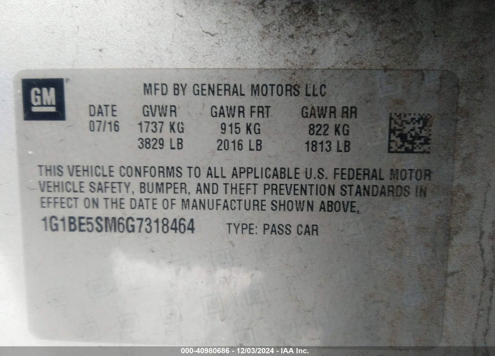 2016 CHEVROLET CRUZE VIN: 1G1BE5SM6G7318464