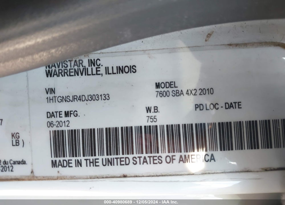 2013 INTERNATIONAL 7000 7600 VIN: 1HTGNSJR4DJ303133