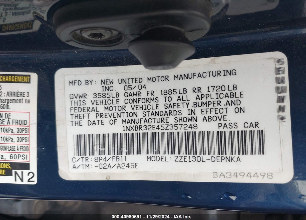 2005 TOYOTA COROLLA LE VIN: 1NXBR32E45Z357248