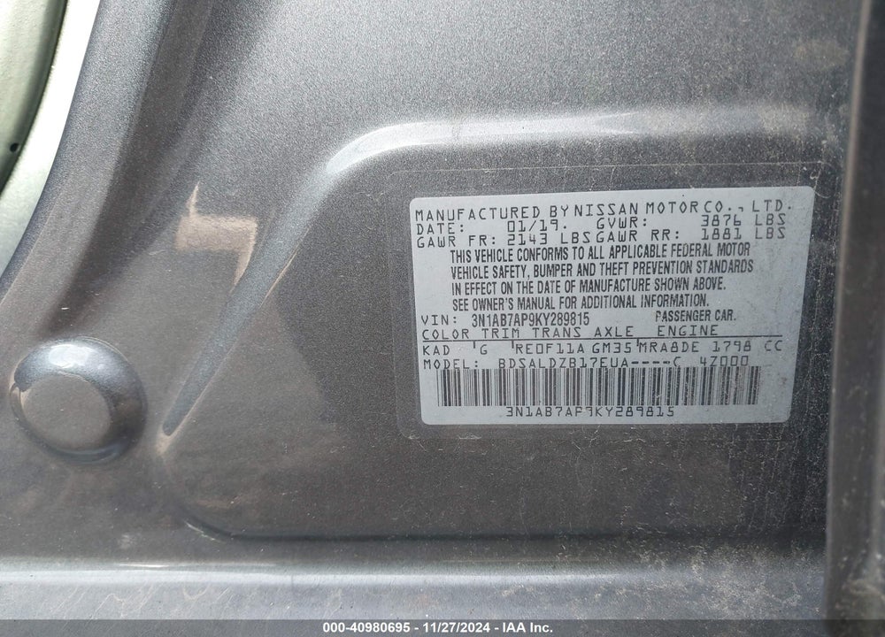 2019 NISSAN SENTRA SV VIN: 3N1AB7AP9KY289815