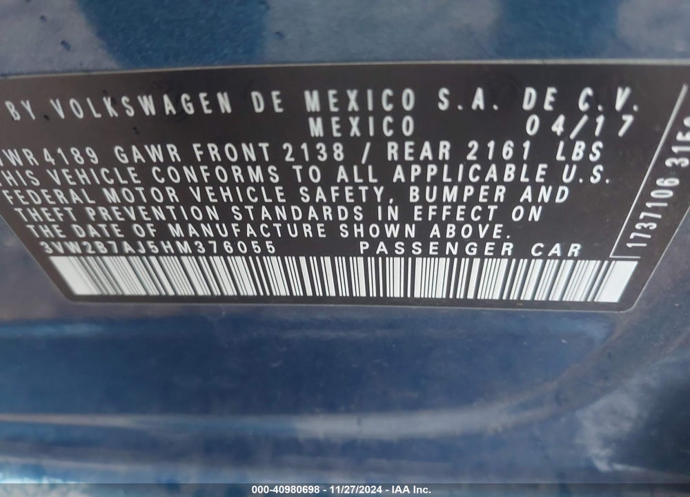 2017 VOLKSWAGEN JETTA VIN: 3VW2B7AJ5HM376055