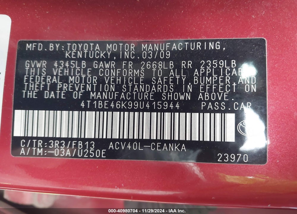 2009 TOYOTA CAMRY LE/SE/XLE VIN: 4T1BE46K99U415944