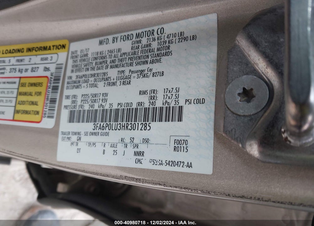 2017 FORD FUSION HYBRID SE VIN: 3FA6P0LU3HR301285