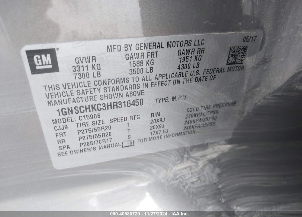 2017 CHEVROLET SUBURBAN LT VIN: 1GNSCHKC3HR316450