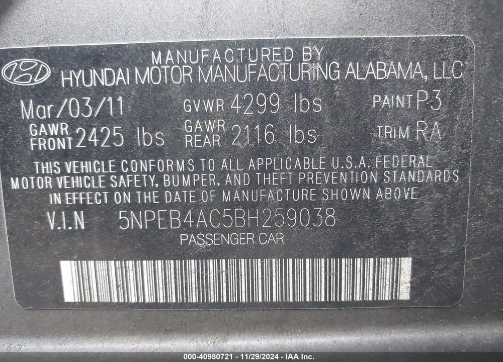 2011 HYUNDAI SONATA GLS VIN: 5NPEB4AC5BH259038