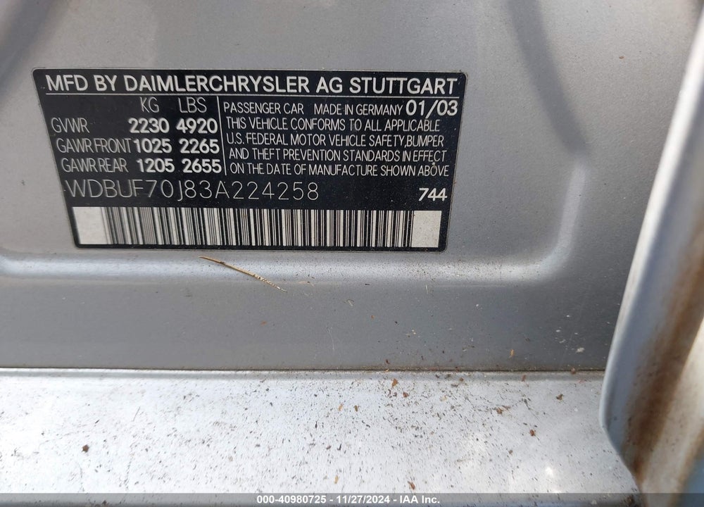 2003 MERCEDES-BENZ E 500 VIN: WDBUF70J83A224258