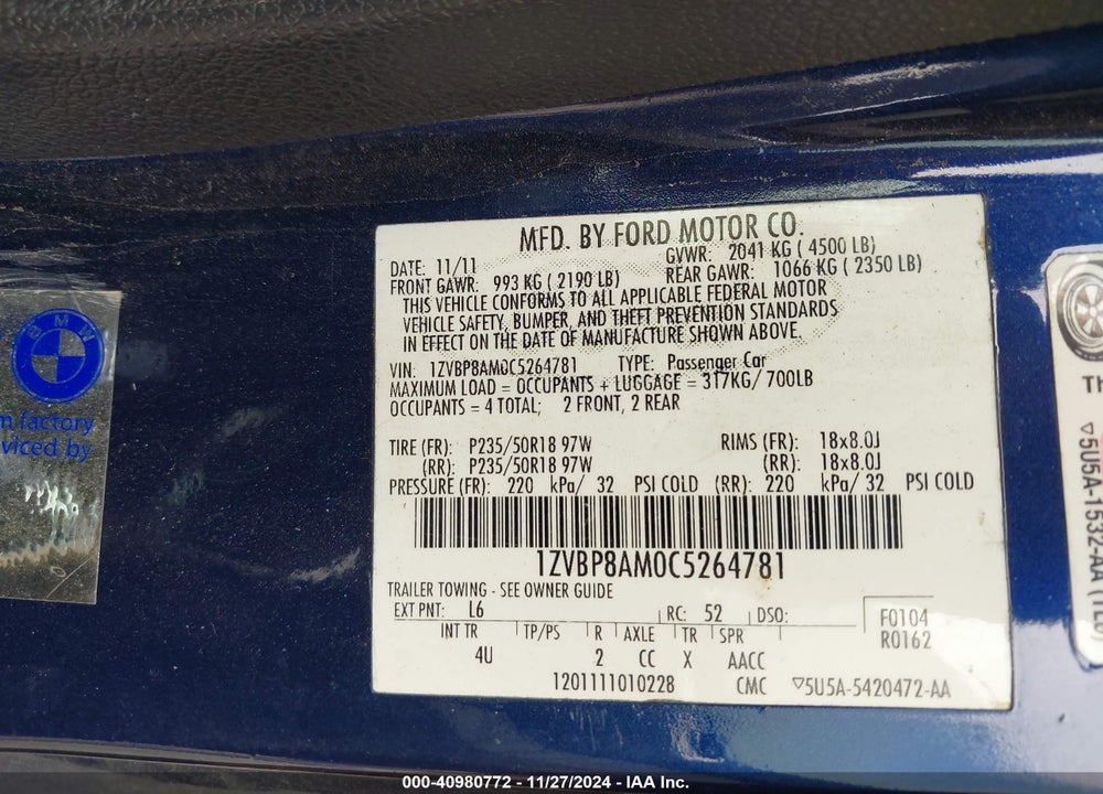 2012 FORD MUSTANG V6 PREMIUM VIN: 1ZVBP8AM0C5264781