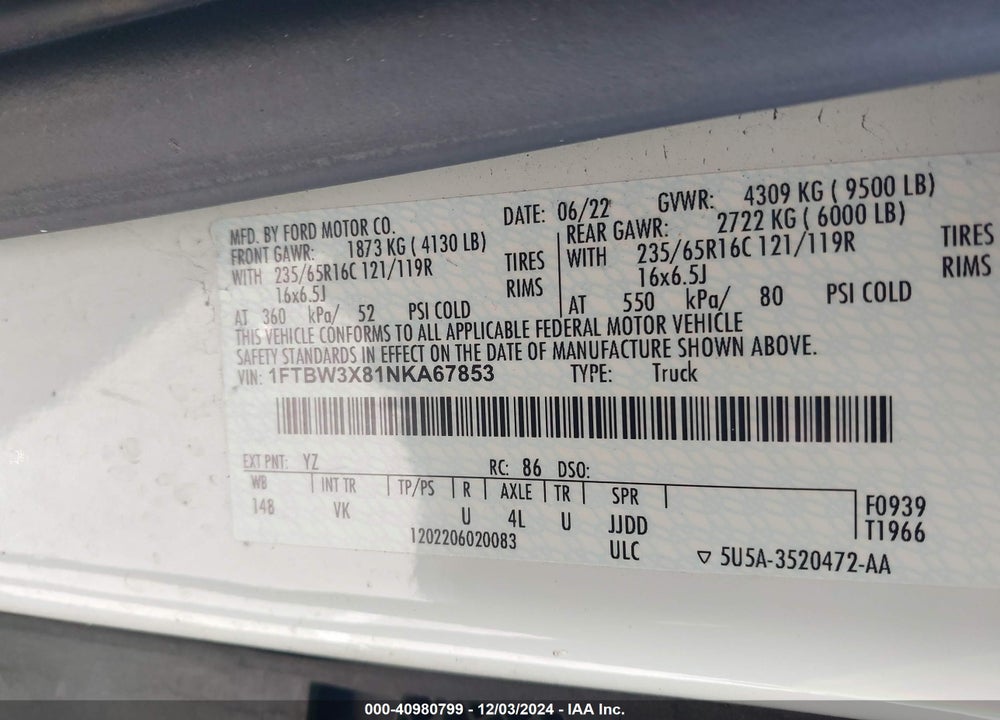 2022 FORD TRANSIT-350 CARGO VAN VIN: 1FTBW3X81NKA67853