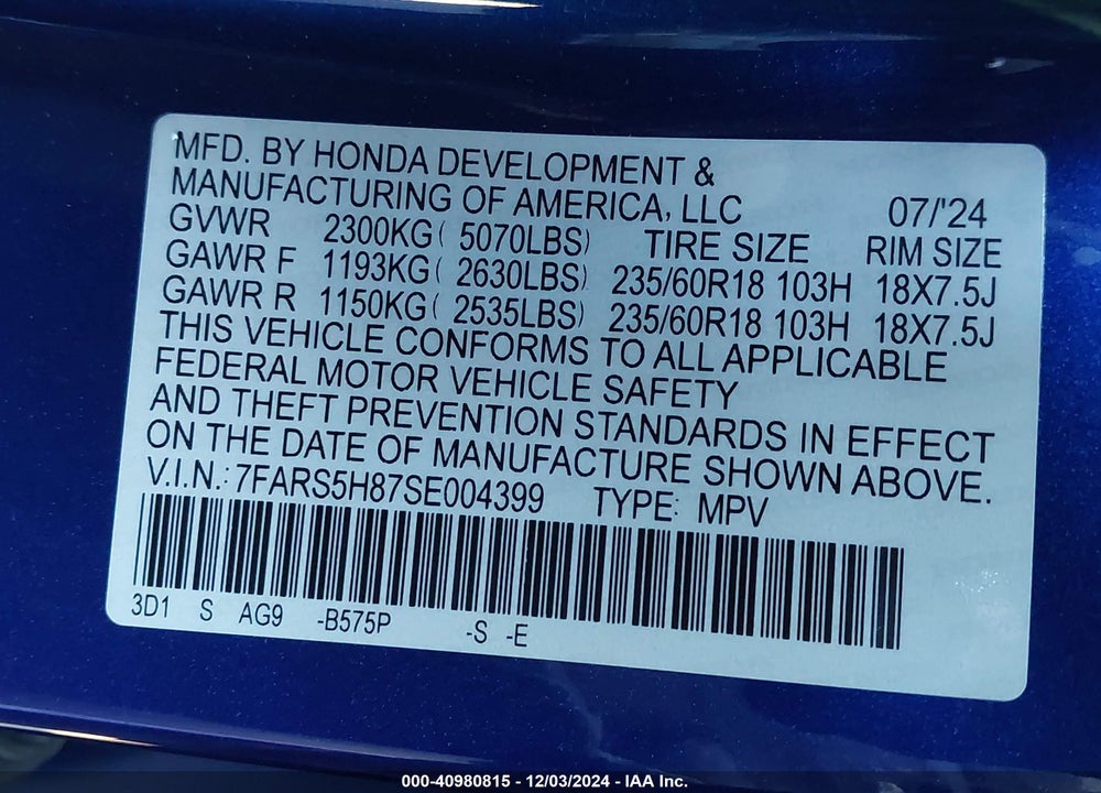 2025 HONDA CR-V HYBRID SPORT-L VIN: 7FARS5H87SE004399
