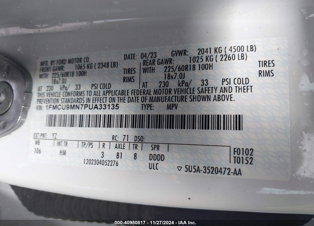2023 FORD ESCAPE ST LINE VIN: 1FMCU9MN7PUA33135