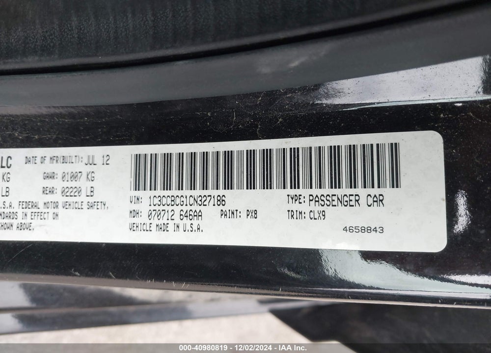 2012 CHRYSLER 200 LIMITED VIN: 1C3CCBCG1CN327186