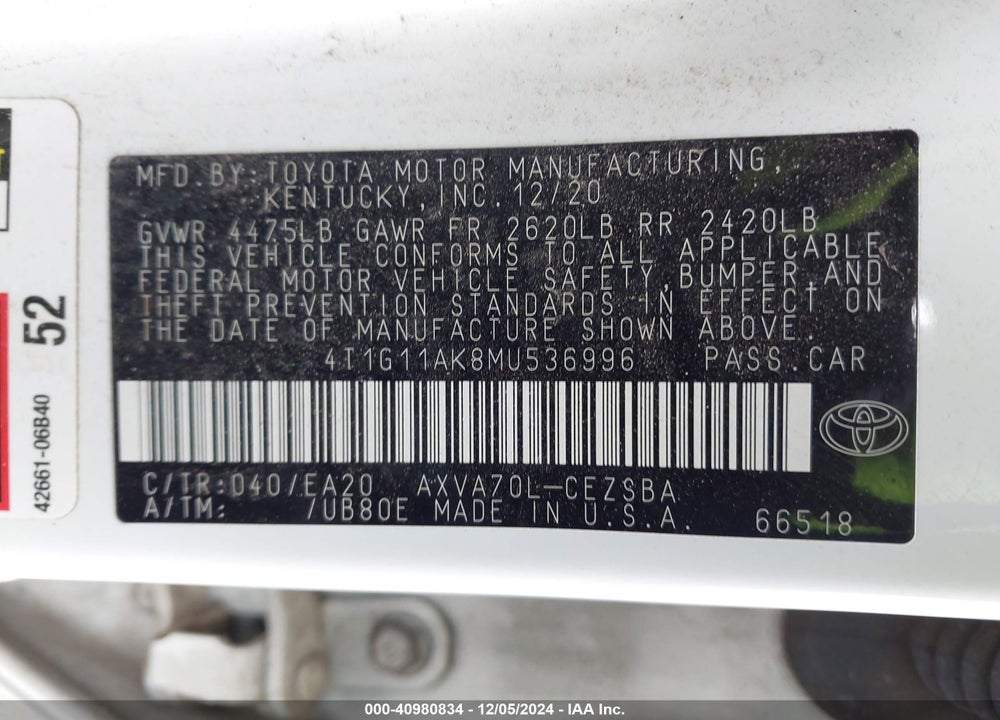 2021 TOYOTA CAMRY SE VIN: 4T1G11AK8MU536996